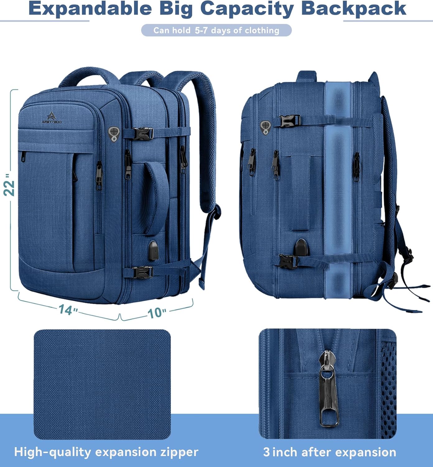 50L Expandable Large Travel Laptop Backpack for Men With Packing Cubes, Carry On Backpack Flight Approved Travel Essentials, Expandable Laptop Bag Weekender Gym Daypack Traveling Backpack, Blue - Image 4