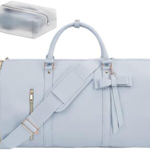 Garment Bags for Travel, Convertible Suit Travel Bag for Women, Stylish Carry On Garment Bag with Toiletry Pocket, Shoulder Strap and Shoes Compartment, 2 in 1 Foldable PU Leather Duffle Bag, Blue