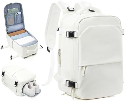 suwasp Travel Backpack for Women Men, 25L Carry on Backpack with Shoe Compartment, Flight Approved Personal Item Travel Bag Water Resistant Laptop Backpack Fits 14" Laptop, Beige