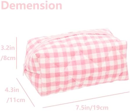 PAZIMIIK Cozy Makeup Bag Small Aesthetic Travel Zipper Cosmetic Pouch for Women Make Up Beauty Accessories Brushes Pink Checkered - Image 3