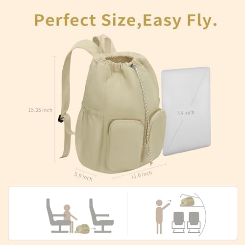 MICOM Travel Backpack for Women Puffer College Laptop Bookbag Drawstring Casual Daypack Lightweight for Women Travel (Khaki) - Image 5