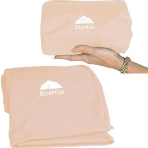 BlueHills Ultra Compact Travel Blanket Pillow for Airplane Traveling Essential Long Flight Trip Throw in Bag Portable Case Large Plane Accessories Beige - C007