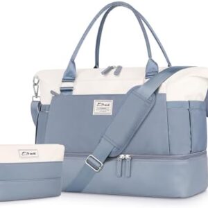 ETRONIK Weekender Bags for Women, Personal Item Travel Bag with Shoe Compartment, Carry On Overnight Bag with Toiletry Bag, Gym Bag with Wet Pocket, Duffel Bag for Travel, Sports, Hospital Blue&White