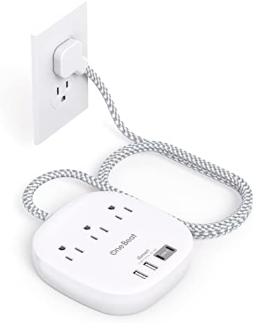 One Beat Flat Plug Power Strip, 5ft Flat Extension Cord, 3 Outlets 4 USB Ports (2 USB C) 22.5W/4.5A Desktop Charging Station Cruise Ship Power Strip No Surge Protection, Dorm Room Travel Essentials