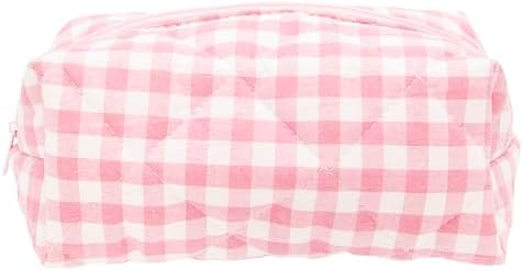 PAZIMIIK Cozy Makeup Bag Small Aesthetic Travel Zipper Cosmetic Pouch for Women Make Up Beauty Accessories Brushes Pink Checkered