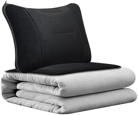 2-in-1Travel Blanket and Lumbar Support Pillow, Foldable Compact Airplane Travel Blanket Functioned as Lumbar Support Pillow, Multi-Purpose for Office Car and Travel Comfort and Warmth