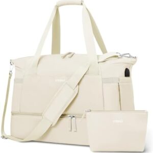 ETRONIK Gym Bag for Women, Personal Item Travel Bag with Shoes Compartment, Weekender Overnight Duffel Bag with Wet Pocket & USB Charging Port, Carry On Bag for Women, Travel, Gym, Weekend (Beige)