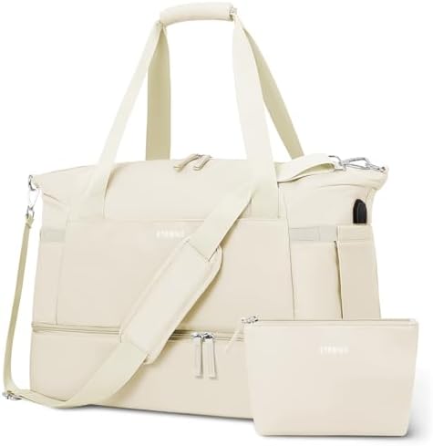 ETRONIK Gym Bag for Women, Personal Item Travel Bag with Shoes Compartment, Weekender Overnight Duffel Bag with Wet Pocket & USB Charging Port, Carry On Bag for Women, Travel, Gym, Weekend (Beige)