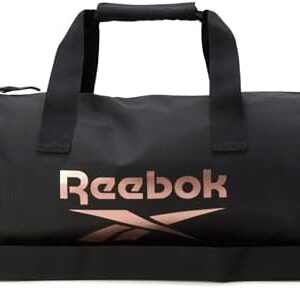 Reebok Duffle Bag - Unisex Lightweight Gym, Sports and Travel Mini Carry On Weekender Bags for Women and Men, Size One Size, Plyo Jet Black With Rose Logo