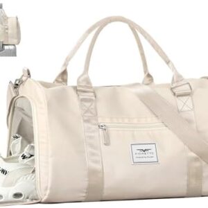 FIORETTO Womens Gym Tote Duffle Bag with Wet Pocket & Shoe Compartment, Sports Duffel Overnight Weekender Hospital Workout Carry on Bag for Girls, Ideal for Travel, Swimming, Dance, Ballet Beige