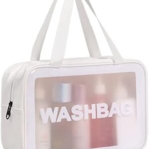 Travel Toiletry Bag for Women and Men, Matte Translucent Toiletry Bag with Handy Handle, Makeup Cosmetic Organizer Bag for Travel Toiletries Accessories (White)