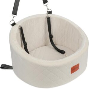 Dog Car Seat for Small Dogs,Comfy Pet Travel Car Bed with 2 Clip-On Leashes,Fully Removable & Washable,Non-Slip Base with Seatbelt Channle,Easy to Install (Beige, Small)