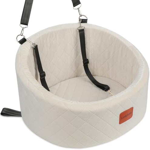 Dog Car Seat for Small Dogs,Comfy Pet Travel Car Bed with 2 Clip-On Leashes,Fully Removable & Washable,Non-Slip Base with Seatbelt Channle,Easy to Install (Beige, Small)