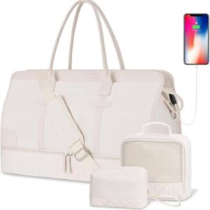 ETRONIK Weekender Overnight Bags for Women, Large Travel Duffle Bags with Shoe Compartment & Wet Pocket, Carry On Tote Bag Gym Duffel Bag with Toiletry Bags for Hospital 3 Pcs Set, Large Size, Beige