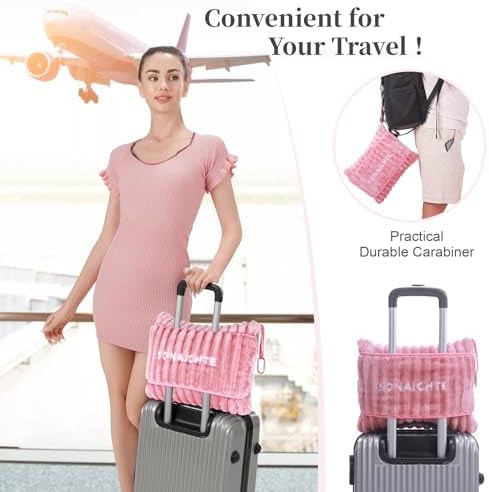 Travel Pillow and Blanket Set Travel Blanket Airplane Compact with Bag Travel Blanket Airplane Travel Essentials Car Blankets for Adults (Light Pink) - Image 3