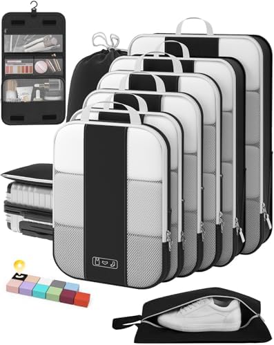 10 Set Compression Packing Cubes for Travel Essentials,Compressible Expandable Packing Cubes for Suitcase,OlarHike Luggage Organizer Bags for Travel,Handy Helper for Organizing Clothes(Black)