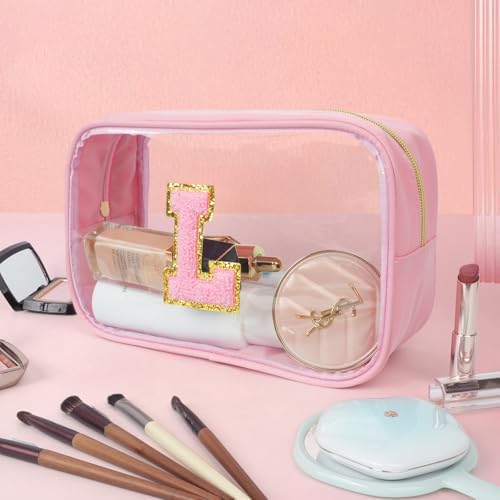 Personalized Initial Letter Makeup Bag Clear Preppy Cosmetic Pouch Waterproof Zipper Beach Travel Toiletry Bag Organizer for Women Pink L - Image 3
