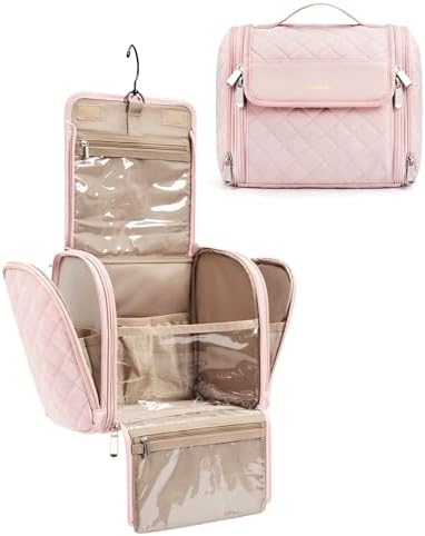BAGSMART Makeup Bag for Women with Hanging Hook, Large Portable Capacity Water-resistant Organizer Travel Case for Toiletries and Cosmetics, Pink - Image 8