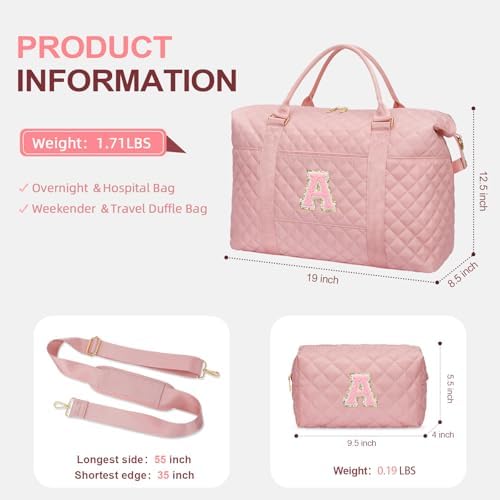 Personalized Initial Weekender Bags for Women, Travel Duffle Overnight Carry On Hospital Bag with Toiletry Bag, Gift for Daughter Kid Girl Wife(Pink,A) - Image 4