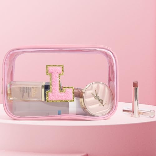 Personalized Initial Letter Makeup Bag Clear Preppy Cosmetic Pouch Waterproof Zipper Beach Travel Toiletry Bag Organizer for Women Pink L - Image 2