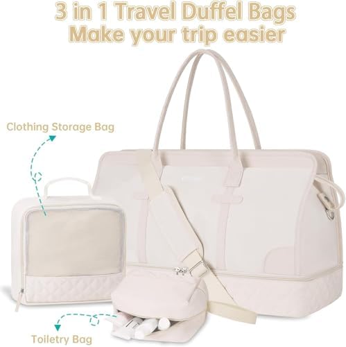 ETRONIK Weekender Overnight Bags for Women, Large Travel Duffle Bags with Shoe Compartment & Wet Pocket, Carry On Tote Bag Gym Duffel Bag with Toiletry Bags for Hospital 3 Pcs Set, Large Size, Beige - Image 7