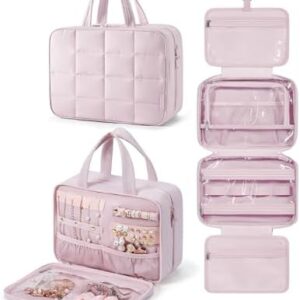 BAGSMART Travel Toiletry Bag with Jewelry Organizer, Hanging Travel Bag for Toiletries, Puffy Makeup Cosmetic Bag Organizer, Carry-on Travel Accessories Essentials, Pink-M