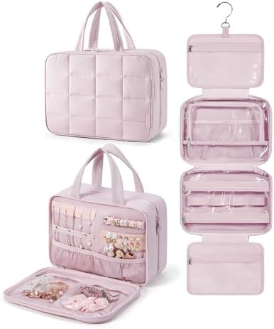 BAGSMART Travel Toiletry Bag with Jewelry Organizer, Hanging Travel Bag for Toiletries, Puffy Makeup Cosmetic Bag Organizer, Carry-on Travel Accessories Essentials, Pink-M