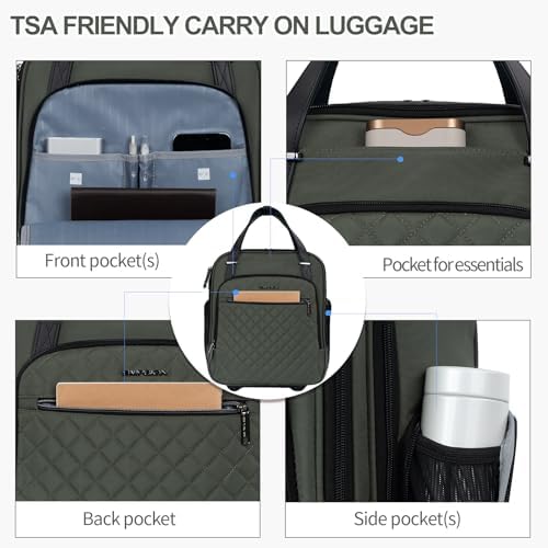 EMPSIGN Underseat Carry On Wheeled - 16" Carry on Bag with Wheels Multi-functional Lightweight Rolling Bag Overnight Weekender Small Suitcase for Women Men Travel Business, Army Green - Image 5