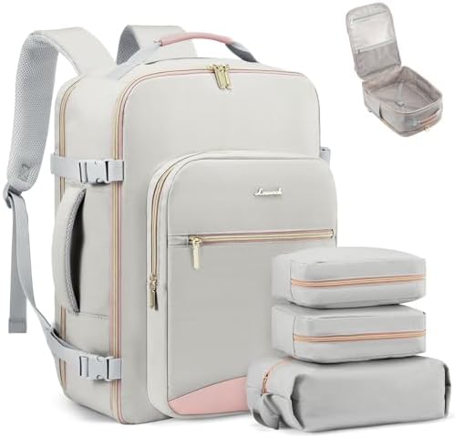 LOVEVOOK Carry on Travel Backpack, 40L Waterproof Large 17inch Laptop Luggage Daypack as Personal Item Flight Approved, Business Weekender Overnight with 3 Packing Cubes, Light gray-Pink