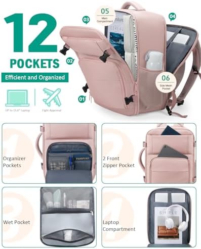 Travel Backpack For Women, Carry On Backpack for Men Flight Approved Airline Personal Item Travel Bag TSA Business 15.6 in Laptop Mochila, Travels Essentials Bookbag for Work Weekender Hiking (Pink) - Image 3