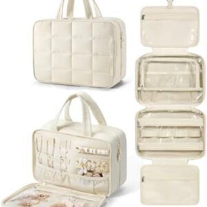 BAGSMART Travel Toiletry Bag with Jewelry Organizer, Hanging Travel Bag for Toiletries, Puffy Makeup Cosmetic Bag Organizer, Carry-on Travel Accessories Essentials, Beige-M