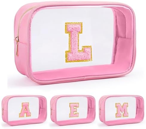 Personalized Initial Letter Makeup Bag Clear Preppy Cosmetic Pouch Waterproof Zipper Beach Travel Toiletry Bag Organizer for Women Pink L