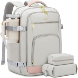 LOVEVOOK Travel Backpack For Women, 40L Carry On Backpack Flight Approved, TSA Personal Item Travel Bag Fits 17 Inch Laptop, Business Weekender Overnight Waterproof Daypack With 2 Cubes, Grey-Pink