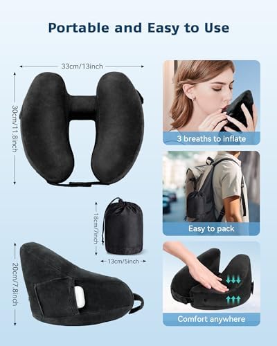 Travel Pillow Inflatable Neck Pillow Airplane Pillow with Velvet Cover Inflatable Pillow for Car/Train/Plane (Black, M) - Image 6