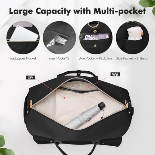 Wedama Weekender Bags for Women, Large Travel Duffel Bag with Shoe Compartment, Carry on Overnight Bag with Toiletry Makeup Bag, Gym Duffel Bag Travel Tote Bag for Travel Gym Camping Hospital, Black - Image 4