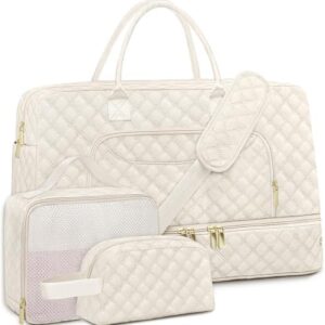 3 Pack Travel Duffle Bag, Weekend Bags for Women with Shoe Compartment, Large Toiletry Personal Item Travel Carry on Bags with Wet Pocket, Gym Overnight Hospital Bag for Delivery Business Beige