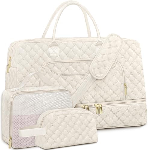 3 Pack Travel Duffle Bag, Weekend Bags for Women with Shoe Compartment, Large Toiletry Personal Item Travel Carry on Bags with Wet Pocket, Gym Overnight Hospital Bag for Delivery Business Beige