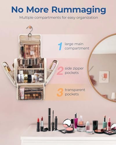 BAGSMART Toiletry Bag Travel Makeup Bag with Hanging Hook, Cosmetic Bag Make Organizer Case, Large Capacity Water-resistant Organizer for Toiletries Accessories Brushes Sponge, Beige - Image 2