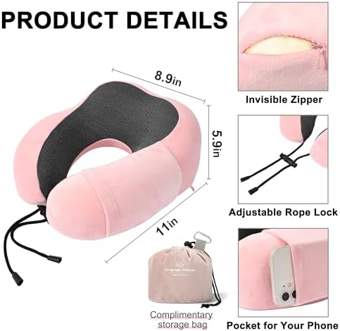 Pink Travel Neck Pillow and Blanket Set for Airplane Travel Essentials Womens Memory Foam Neck Pillow and Compact Soft Airplane Blanket with Bag for Traveling Airport Car Sleeping - Image 3