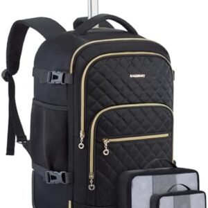 BAGSMART Rolling Backpack for Women, Travel Carry-On Backpack with Wheels, 17 Inch Large Roller Wheeled Daypack with Two Packing Cubes, Black