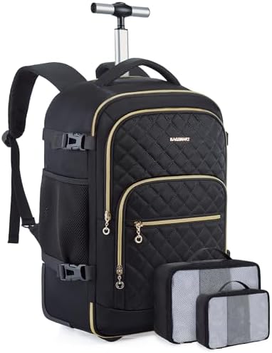 BAGSMART Rolling Backpack for Women, Travel Carry-On Backpack with Wheels, 17 Inch Large Roller Wheeled Daypack with Two Packing Cubes, Black