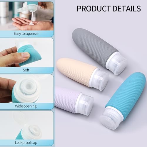 4 Pack Travel Bottles Set - 60ml Tsa Approved Leak Proof Silicone Containers for Shampoo, Conditioner, Lotion & Body Wash, Reusable Travel Size Containers for Toiletries - Image 3