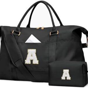 Initial Girls Travel Duffel Bag, Weekender Bags for Women, Kids Overnight Gym Carry On Tote Bag with Makeup Bag, Personalized Teen Girls Gift Trendy Stuff(Black,A)