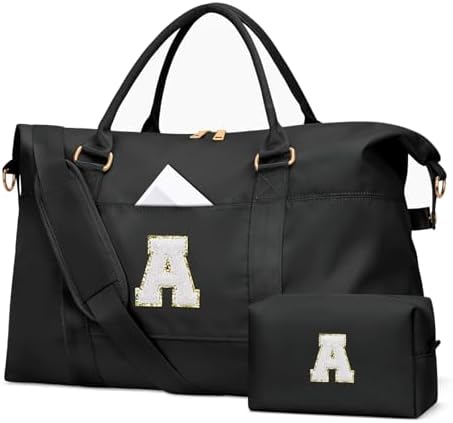 Initial Girls Travel Duffel Bag, Weekender Bags for Women, Kids Overnight Gym Carry On Tote Bag with Makeup Bag, Personalized Teen Girls Gift Trendy Stuff(Black,A)