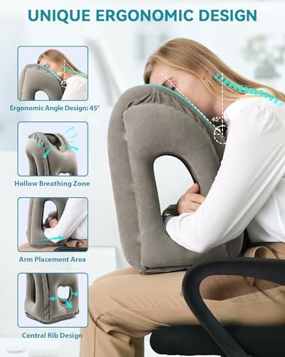 JefDiee Inflatable Travel Pillow, Airplane Neck Pillow Comfortably Supports Head and Chin for Airplanes, Trains, Cars Office Napping on The Tray Table (Grey) - Image 2