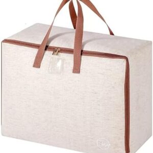 82L Storage Bag for Travel, Move or Store Clothes, Comforters, Blankets, Bedding, Pillows, Stuffed Toys, Jackets, Label Tag, Zippered, Sturdy Handles (Beige, Large)