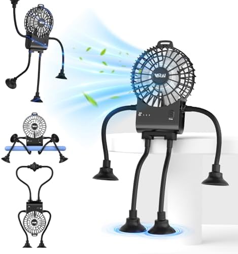 Freestyle Small Robot Fan, Fun Desk Fan with Suckers, Rechargeable Portable Fan and Phone Stand 2 in 1 for Office, Travel and Cars, Black