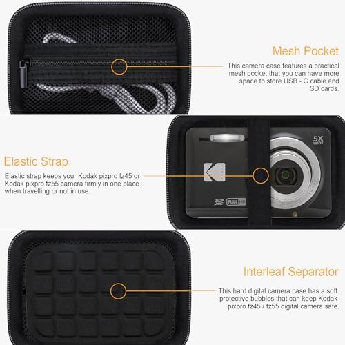 Compact Camera Case for KODAK PIXPRO FZ55 / FZ53 / FZ45 Digital Camera, Vlogging Cameras Travel Storage Bag Holder, Mesh Pocket for Charging Cable, SD Card and Batteries, Black - Image 4