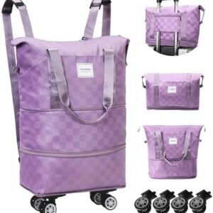 WOOMADA Expandable Foldable Rolling Duffel Bag with Wheels, Detachable Rolling Backpack Weekend Bag for Travel, Gift for Parents, Spouse(Lavender Checkerboard)