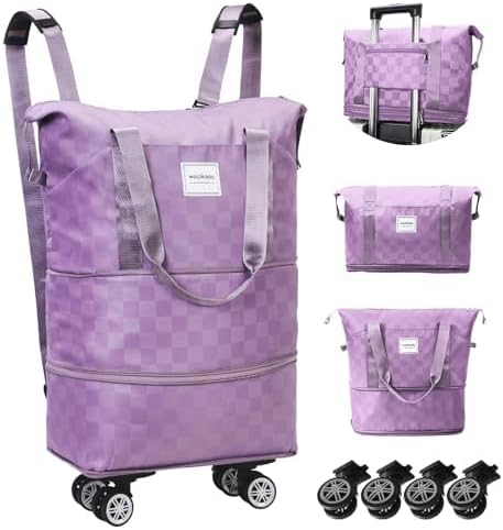 WOOMADA Expandable Foldable Rolling Duffel Bag with Wheels, Detachable Rolling Backpack Weekend Bag for Travel, Gift for Parents, Spouse(Lavender Checkerboard)